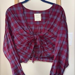 Style Rack Burgundy Plaid Tie-Front Crop Top